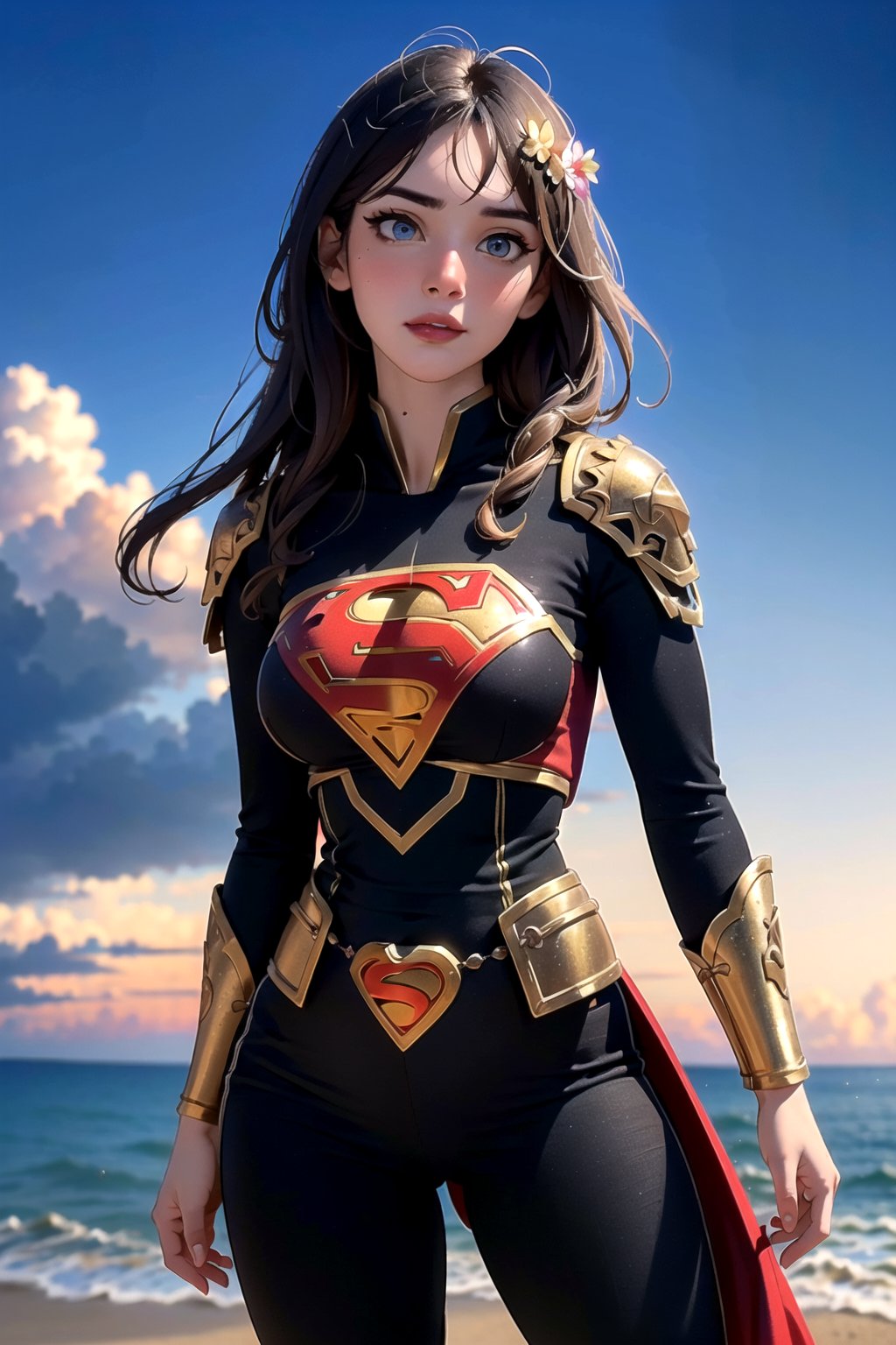 centered, masterpiece, supergirl, armored top, lowleg black leggins, beach, rainbow in the sky, natural skin texture, soft cinematic light, adobe lightroom, photolab, hdr, intricate, elegant, highly detailed, sharp focus, (cinematic look), soothing tones, insane details, intricate details, hyperdetailed, low contrast, soft cinematic light, dim colors, exposure blend, hdr, faded, cartoon, (detailed cloudscape:1.1), beautiful face, beautiful eyes, fantasy, dreamlike, unreal, science fiction, perfect light, red moon, | ,yihyun,so-hyun.lvl2,3DMM,cassdawnlvl1