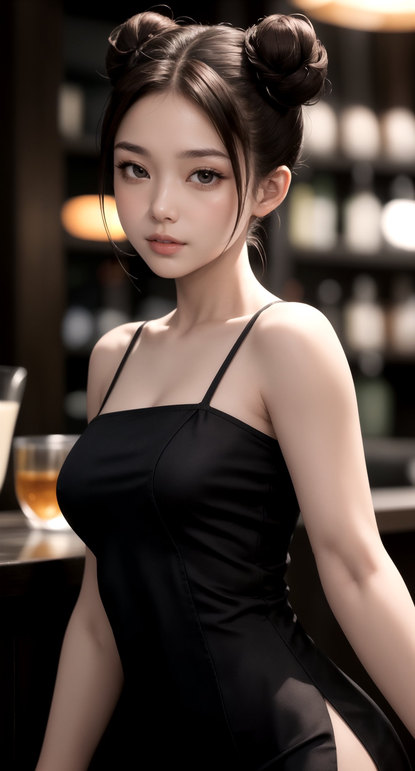 frontal view, facing the viewer, (looking at viewer:1.2), centered, upper body, photography of a 22yo woman, masterpiece, | (beautiful detailed eyes:1.2), (double bun hairstyle), dark brown hair color, (dark brown eyes), (short tight dress), | sunset, bokeh, depth of field, | bar, indoors, tavern, | SF5 CHUN, SF6 CHUN,