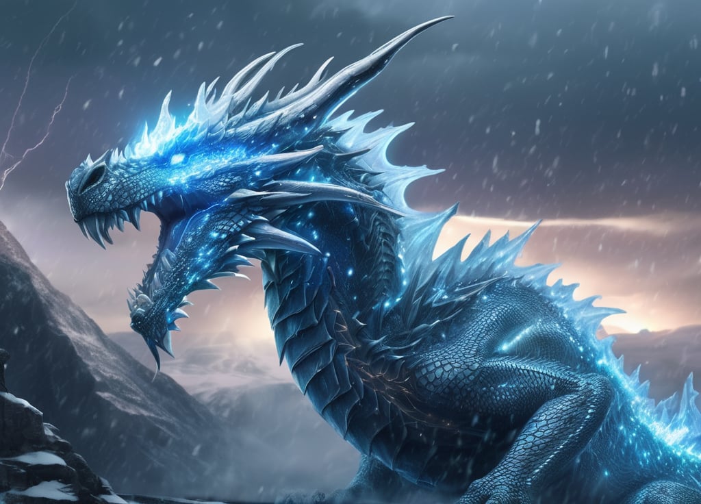 realistic, Ice Dragon, desolate, intricately detailed, artistic lightning, particles, beautiful, amazing, highly detailed, digital art, sharp focus, trending on art station,