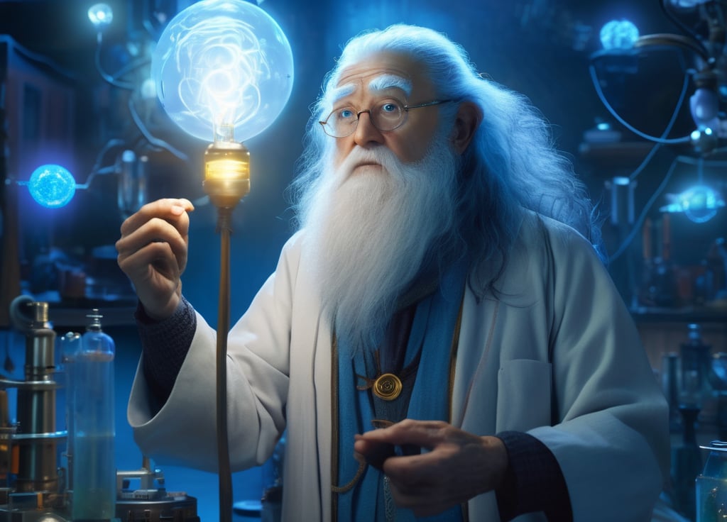 a crazy old scientist with a long white beard holding a blue light, still from a fantasy movie, cg artist, the electric boy, by Adam Paquette, inspired by Rube Goldberg, brandishing cosmic weapon, 3 - d 8 k, juno promotional image, sad wizard, asian old skinny scientist with a big beard and beard, by Peter Mohrbacher