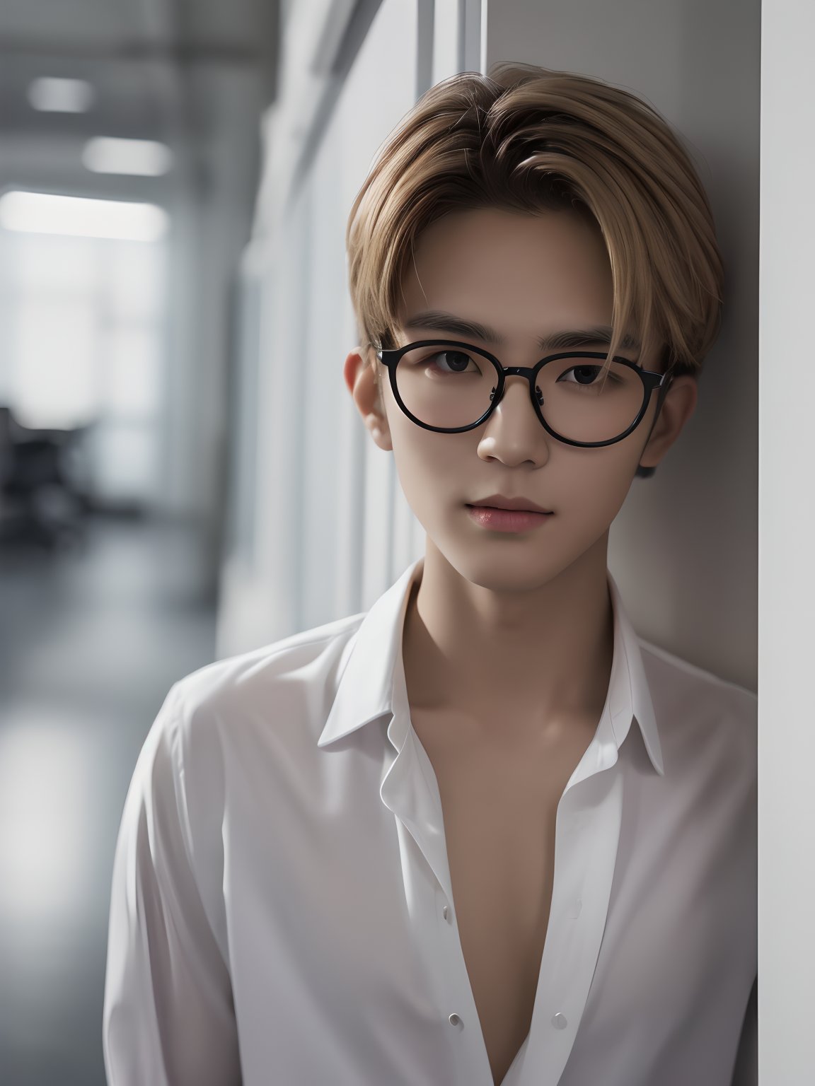 ,masterpiece, best quality:1.2,high detail,1 male,handsome,  Glasses,  bare upper body, black tie,  short blonde hair, office, Ambient Occlusion, muscular male, detailed face, black eyes, looking at viewer, manly, 