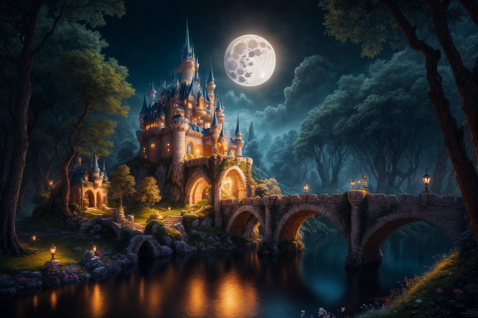 (masterpiece:1.4, best quality), (intricate details), unity 8k wallpaper, ultra detailed, beautiful and aesthetic, perfect lighting, fairytale castle in the middle of a forest, fairyland bridge, full moon, enchanted magical fantasy forest, beautiful render of a fairytale, beautiful detailed fantasy, fairytale painting, whimsical fantasy landscape art, detailed fantasy digital art