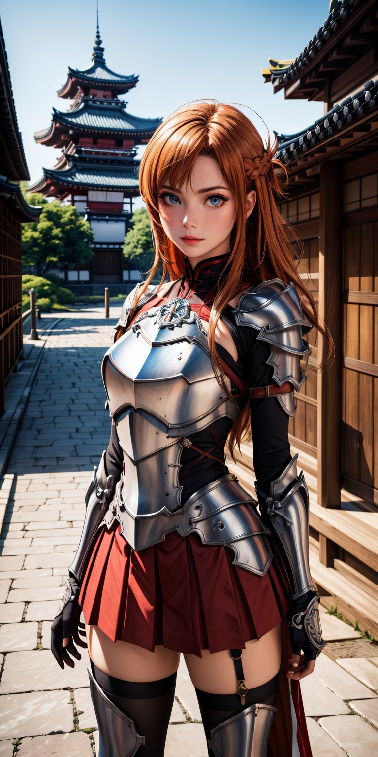 (8k, 3D, UHD, highly detailed, masterpiece, professional oil painting) Yuuki Asuna, french braid, asymmetrical bangs, strapless armored dress, red pleated skirt, arm armor, breastplate, hip armor, garter strap, thighhighs, holding rapier, standing on old cobblestone street of Kyoto, Yasaka pagoda in the background, distant mountain, cowboy shot, intricately detailed, intricate complexity, 8k resolution, octane render, hdr+, photoreal, hyperreal, masterpiece, perfect anatomy, bokeh, depth_of_field, weapon, asuna yuuki 