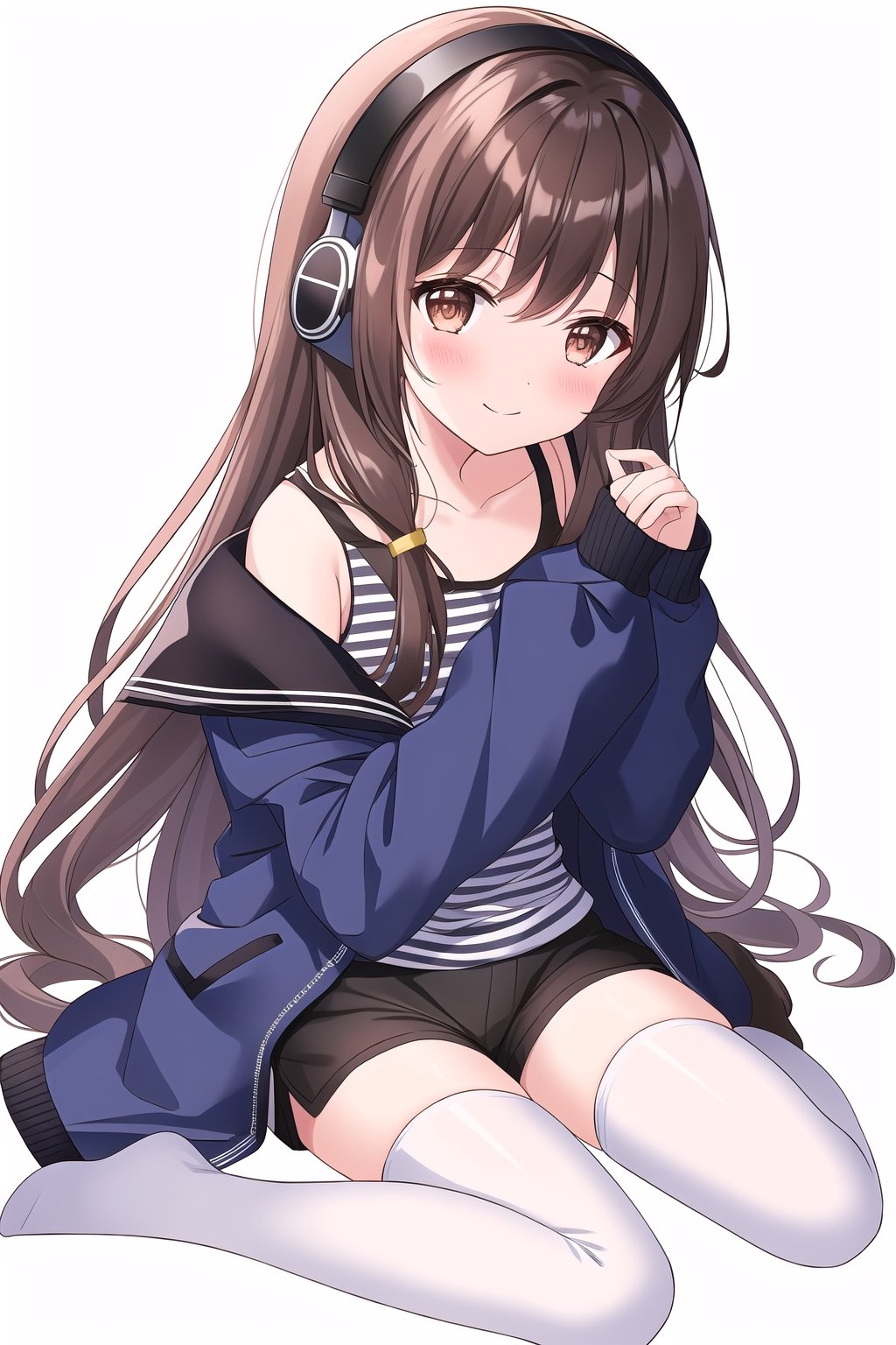 1girl, solo, long hair, looking at viewer, blush, smile, bangs, simple background, brown hair, shirt, thighhighs, long sleeves, white background, bare shoulders, brown eyes, sitting, very long hair, closed mouth, collarbone, jacket, full body, open clothes, shorts, striped, off shoulder, white thighhighs, open jacket, short shorts, headphones, no shoes, black shorts, stuffed toy, stuffed animal, blue jacket, striped thighhighs, camisole, teddy bear, scissors