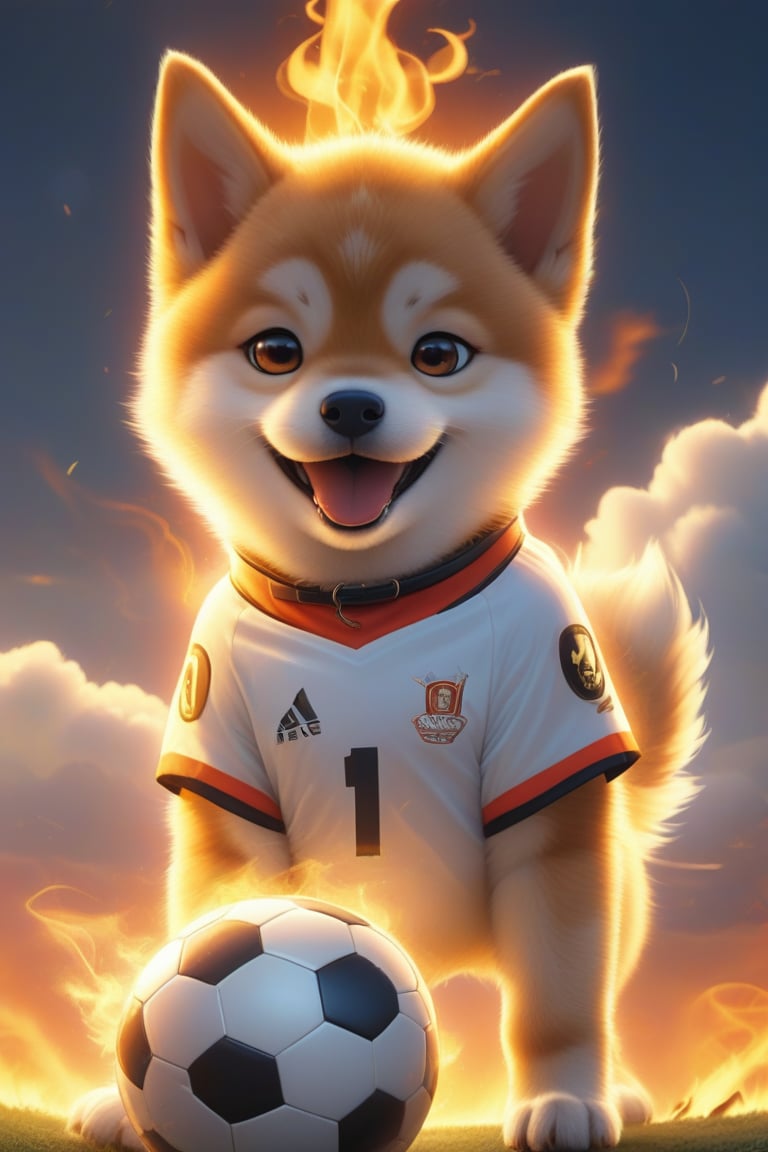 solo, looking at viewer, open mouth, shirt, 1boy, brown eyes, male focus, artist name, cloud, signature, collar, fire, ball, dog, sportswear, soccer uniform, soccer ball, soccer, telstar