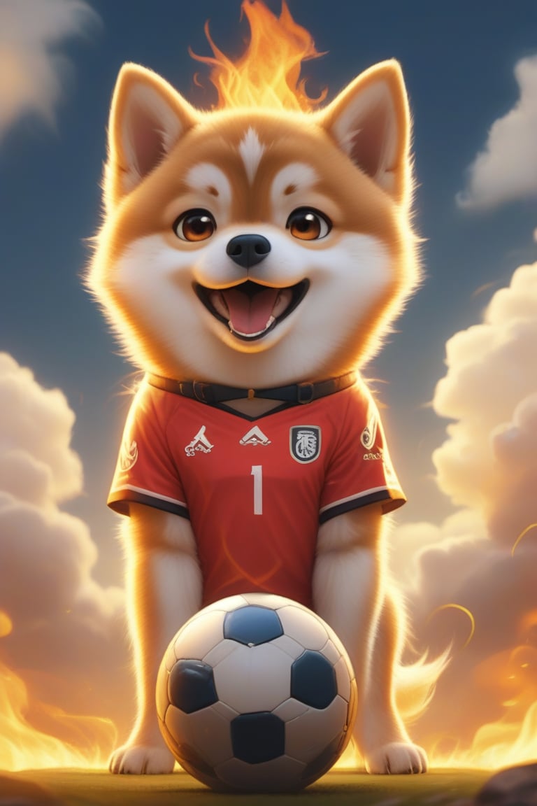 solo, looking at viewer, open mouth, shirt, 1boy, brown eyes, male focus, artist name, cloud, signature, collar, fire, ball, dog, sportswear, soccer uniform, soccer ball, soccer, telstar