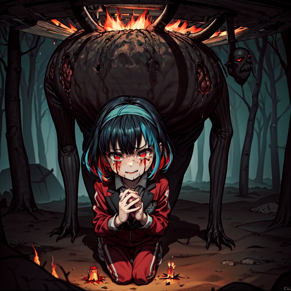 ((1girl,kid,fullbody,scared,crying,
surprised)),
((multicolored hair, blue hair, black hair)),
(short jogging suit,black pantihose,blue blazer, red headband,wet),
(campfire,next to a rocket),eat a meat, human meat
other world, in the desert,red desert,desert ruins,evening,dark,red sand, no life,ocean,wather particles,green lake,water,red fog,red thick fog,red smoke,dry trees,mist, camp, in a camp,day, pilars.
(aliens in the distance,aliens,shadow monster in the distance,shadow looking the girl,shadow with eyes,two head monster, angry,blood in the hands, blood in the air),
severed heads, cut heads, heads smiling with tears,

,no_humans scenery,milky_way,starry,cls_chibi