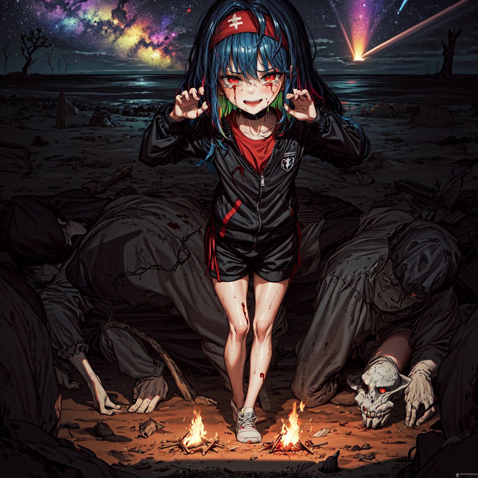 ((1girl,fullbody,scared,crying,
surprised)),knife in the hand, knife
((multicolored hair, blue hair, black hair)),
(short jogging suit,black pantihose,blue blazer, red headband,wet),
(campfire,next to a rocket),eat a meat, human meat
other world, in the desert,red desert,desert ruins,evening,dark,red sand, no life,red fog,red thick fog,red smoke,dry trees,mist, camp, in a camp,day, pilars,
(((ocean))).
(aliens in the distance,aliens,shadow monster in the distance,shadow looking the girl,shadow with eyes,two head monster, angry,blood in the hands, blood in the air),
severed heads, cut heads, heads smiling with tears,

,no_humans scenery,milky_way,starry,