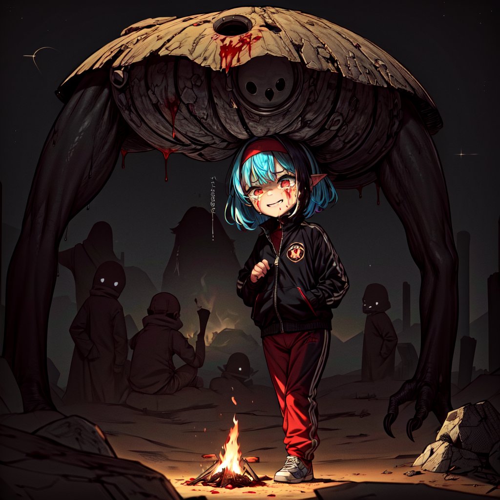 ((1girl,kid,fullbody,scared,crying,
surprised)),
((multicolored hair, blue hair, black hair)),
(short jogging suit,black pantihose,blue blazer, red headband,wet),
(campfire,next to a rocket),eat a meat, human meat
other world, in the desert,red desert,desert ruins,evening,dark,red sand, no life,ocean,sea,wather particles,green lake,water,red fog,red thick fog,red smoke,dry trees,mist, camp, in a camp,day, pilars.
(aliens in the distance,aliens,shadow monster in the distance,shadow looking the girl,shadow with eyes,two head monster, angry,blood in the hands, blood in the air),
severed heads, cut heads, heads smiling with tears,

,no_humans scenery,milky_way,starry,cls_chibi