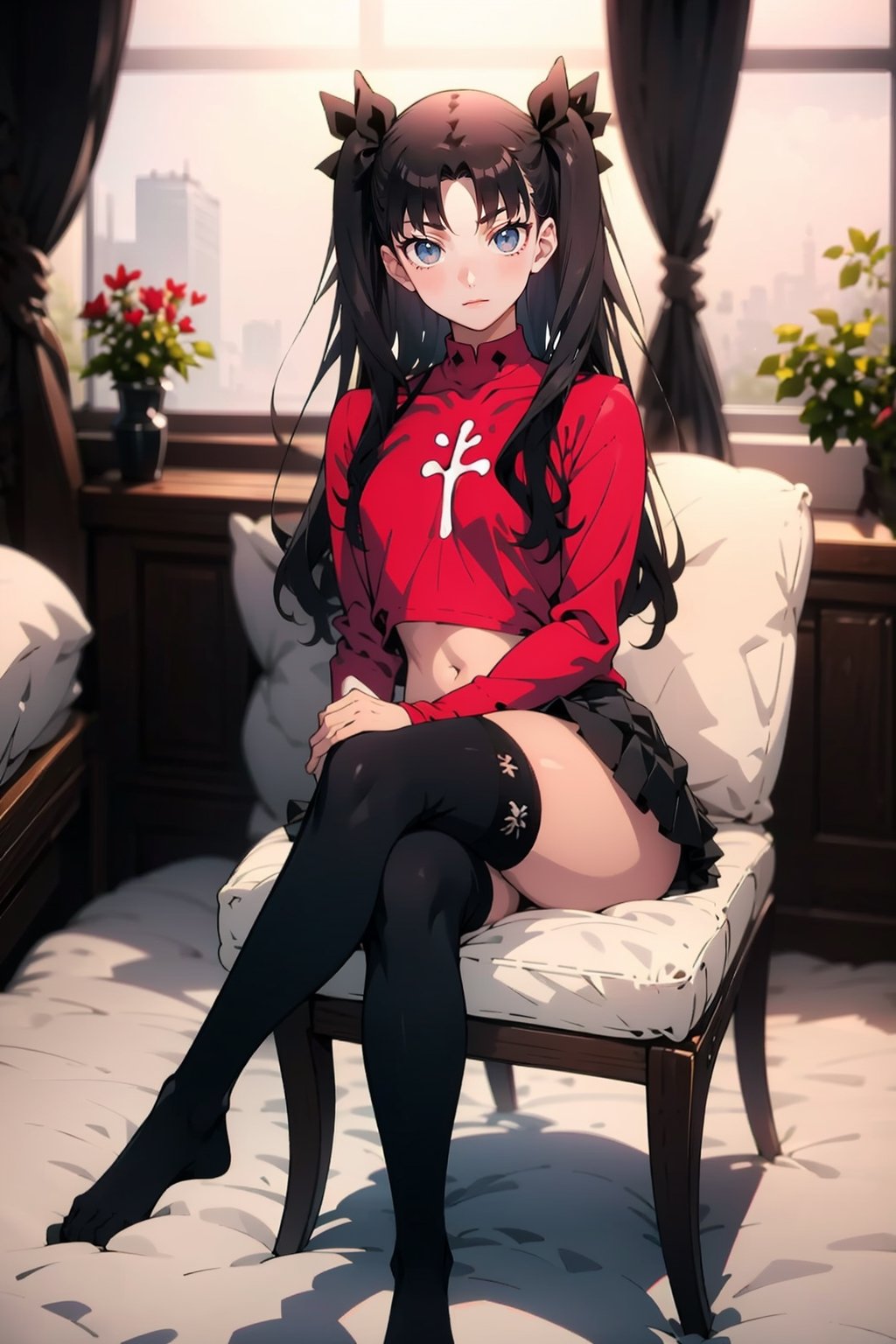 One woman , age 18, small breasts,
black hair , bangs , smile,:) , full-body_portrait , crossed_legs_(sitting) , sitting on a chair,sfw_nudity,nsfw, tohsaka rin,tohsaka rin,two side up, black hair ribbon, blush, blue eyes, tohsaka rin,( tall:1.2), (Tan), small breasts, small breasts nsfw, looking at viewer, bedroom, bright red sweater, red shirt, black skirt, thigh highs,
belly button,((black skirt))