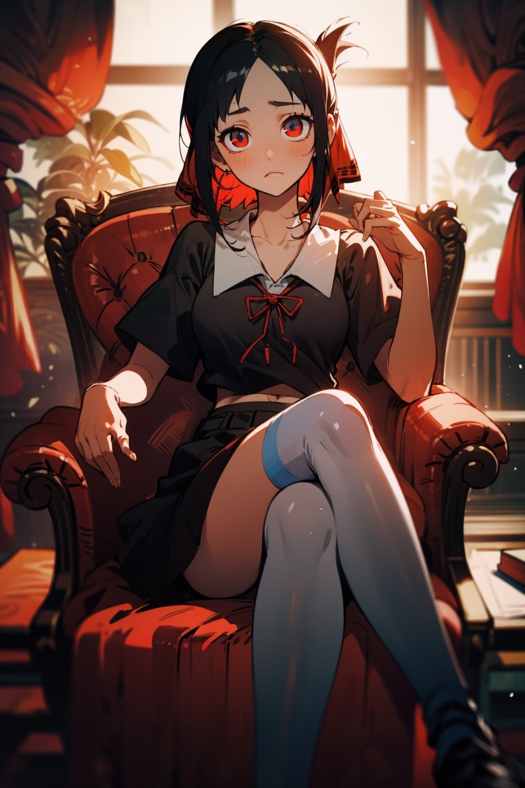 One woman ,18 age,  big breasts,
black hair , bangs , relax face,close mounth , full-body_portrait , crossed_legs_(sitting) , sitting on a chair,nudity,nsfw,kaguyashinomiya, ,kaguya shinomiya, folded ponytail, forehead, hair ribbon, (red eyes:1.5), red ribbon, ribbon, short hair, sidelocks, (small breast:1.2),BREAK black dress, dress, pinafore dress, school uniform, shirt, short sleeves, shuuchiin academy school uniform, white shirt,BREAK looking at viewer,BREAK indoors, classroom,BREAK , (masterpiece:1.2), best quality, high resolution, unity 8k wallpaper, (illustration:0.8), (beautiful detailed eyes:1.6), extremely detailed face,belly button,knee socks,(best quality),boobs,belly button,nsfw,naked