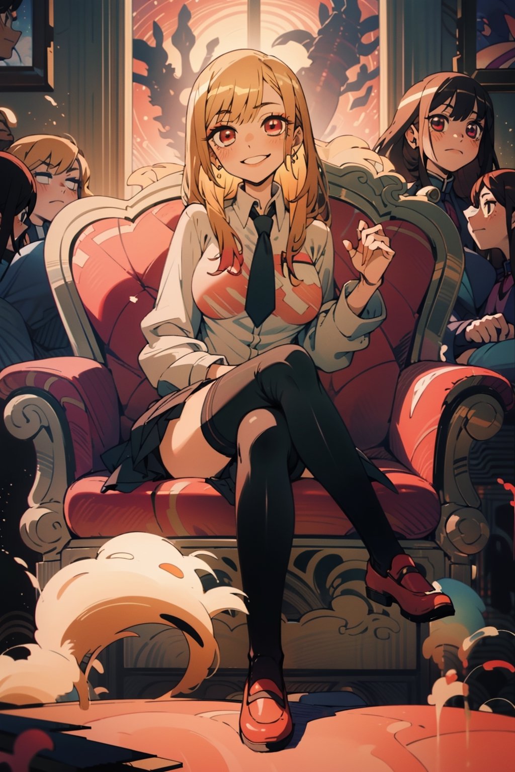 One woman , age 25 , large_breasts , blonde long hair 
 hair , bangs , evil smile , full-body_portrait , crossed_legs_(sitting) , sitting on a armchair, sfw_nudity,nsfw,zettai ryouiki,red eyes,school uniform,skirt,((white zettai ryouiki))