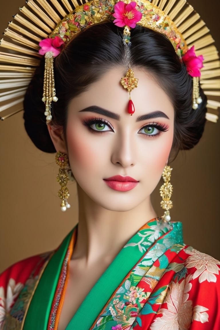  color photo of a Pakistani girl, with a slender nose, adorned in a captivating geisha-inspired style. Her mesmerizing green eyes captivate the viewer, drawing them into her world. She wears a vibrant and colorful kimono, beautifully showcasing the rich cultural heritage of Pakistan. The fusion of Pakistani and Japanese influences creates a unique and enchanting aesthetic, celebrating the beauty of diversity and cross-cultural exchange