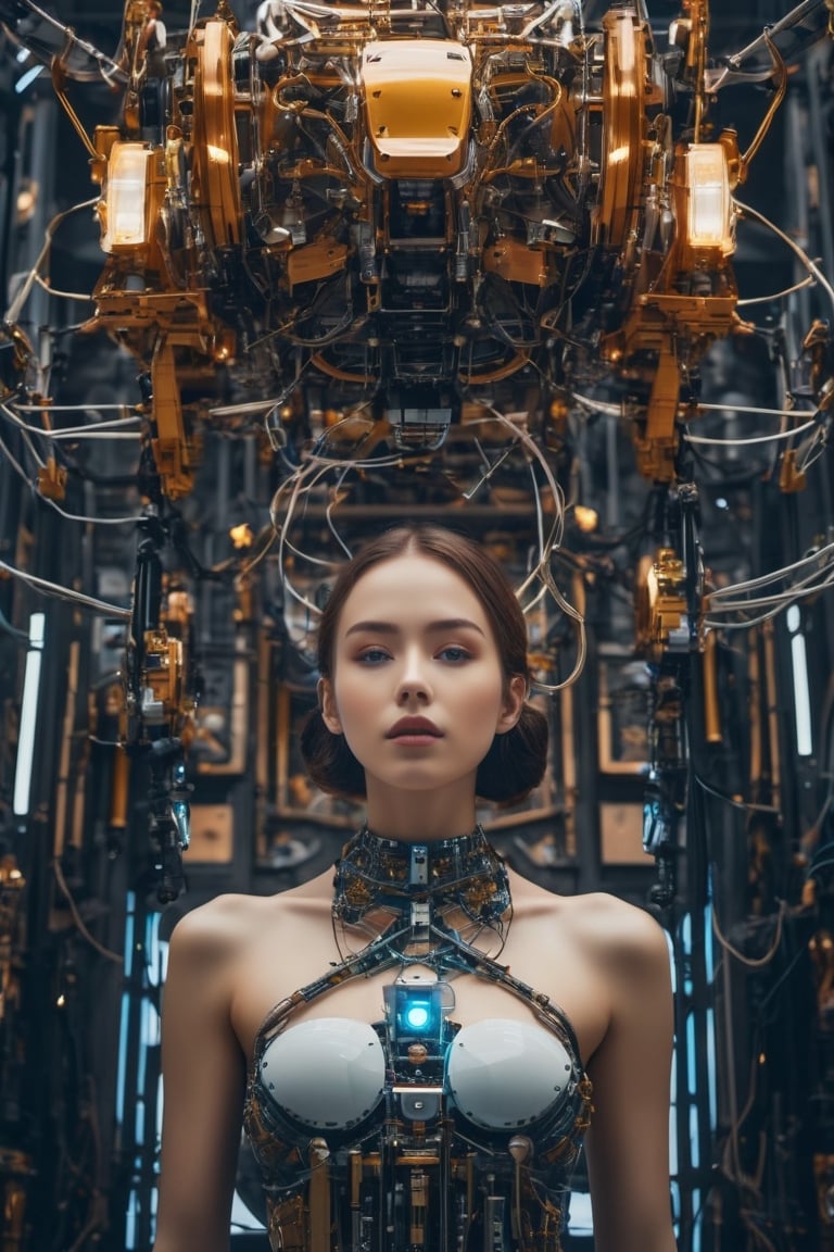 color photo of a mesmerizing robotic girl, surrounded by suspended components, captured in a cinematic shot. The photo showcases the girl's ethereal beauty and intricate robotic features. Suspended in mid-air, the components appear to float around her, creating a sense of wonder and mystery. The cinematic composition adds a touch of drama and storytelling to the image, inviting viewers to imagine the narrative behind this captivating scene.