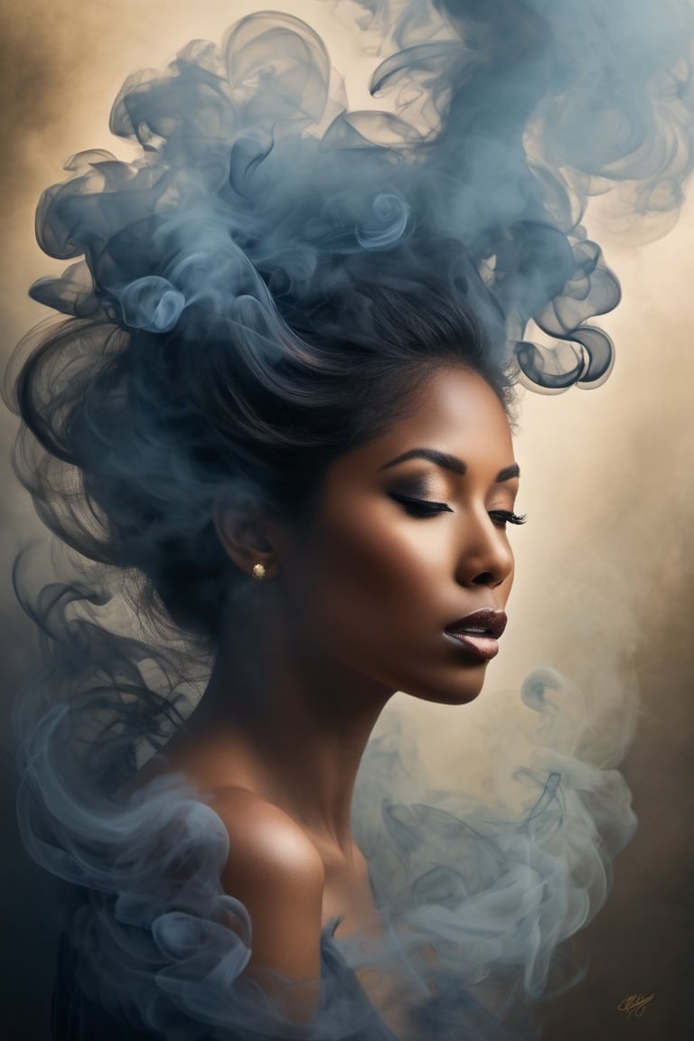 color photo of a realistic portrait of smoke, capturing its ethereal and ever-shifting nature. The style of the portrait is influenced by the works of renowned artists Kieron Gillen, Tintoretto, and Mark Henson, known for their mastery of capturing intricate details and emotive expressions. The smoke is depicted with a remarkable level of realism, as the layers of wisps and tendrils intertwine and dance in the air.