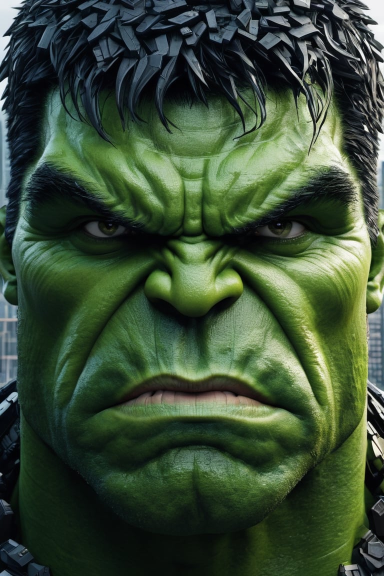 `the face of the Hulk is covered by pixels, in the style of dystopian cityscapes, vray, ambient sculptures, frank thorne, dark and mysterious, coded patterns, video montages 