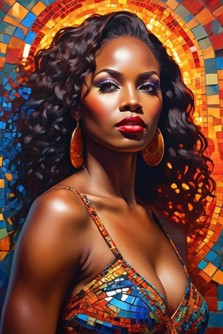 portrait A Photograph: Lady black woman, standing fiercely amidst a vivid mosaic of fiery tones, emanating strength in vibrant brushstrokes.