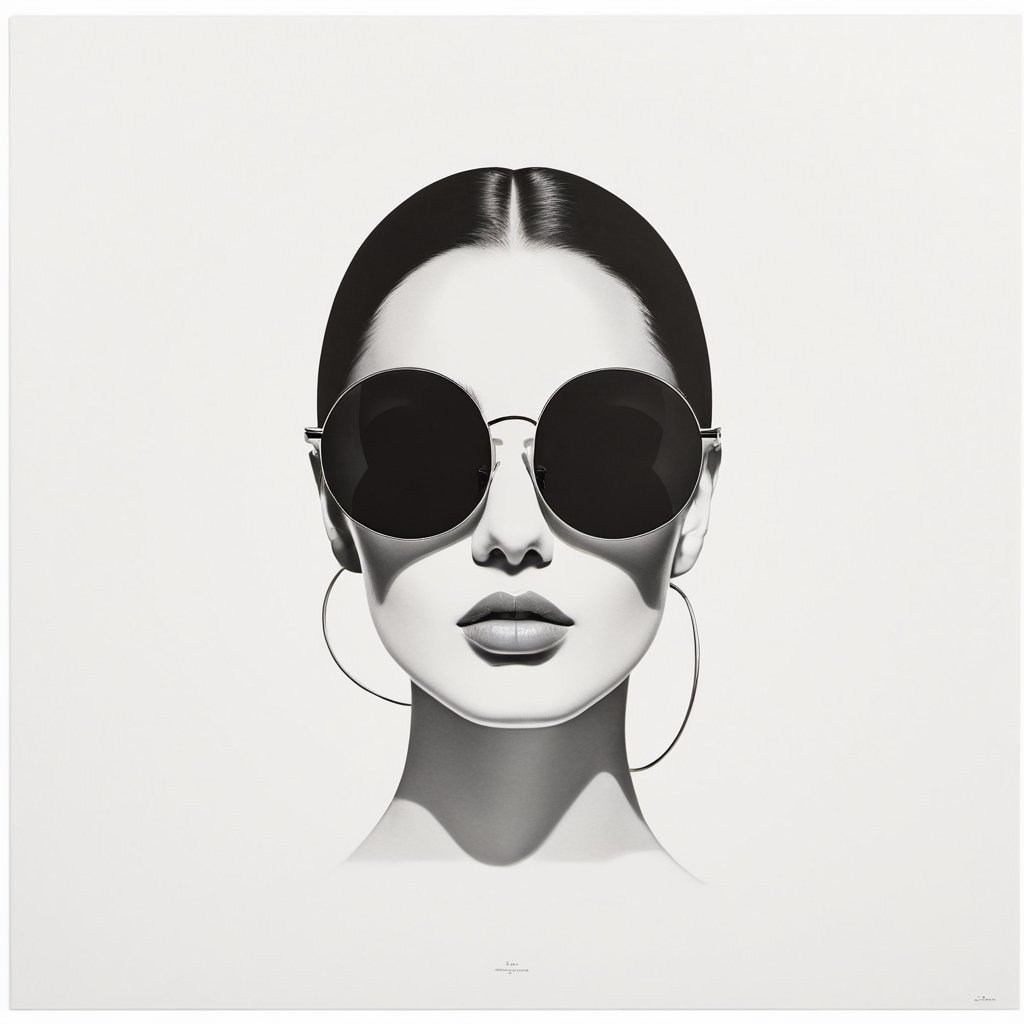 The minimalist piece showcases a woman wearing sunglasses, her face simplified into a circular form, emphasizing simplicity and minimal detail.