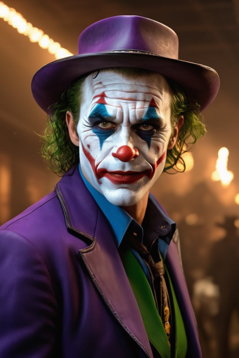  hyper-realistic portrayal of the Joker as a cowboy, immersed in the atmosphere of the futuristic "old west" setting. The eye-level angle captures the intensity of the moment,  by Jeff Koons