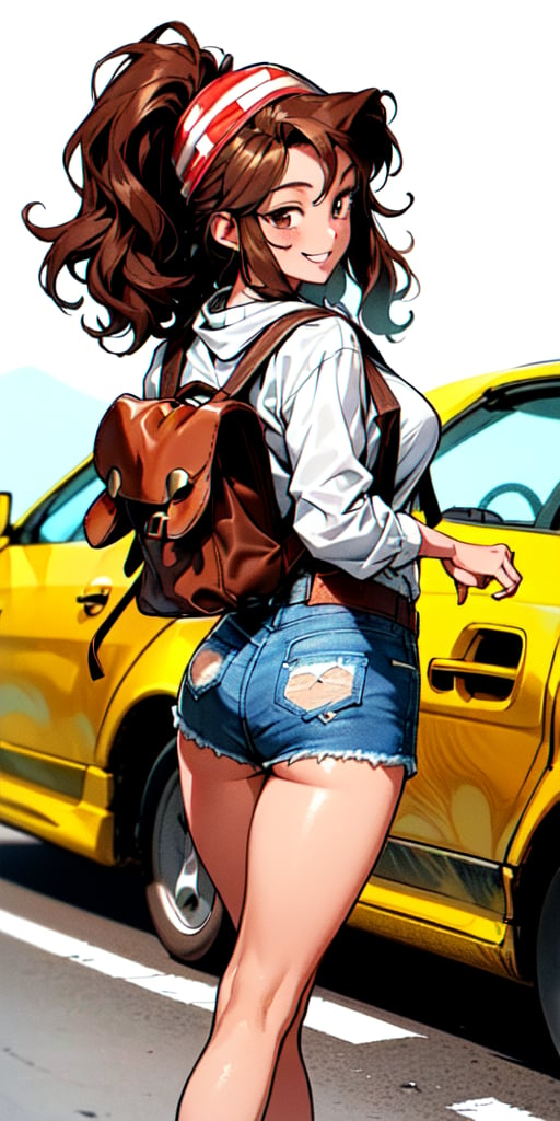 ((((fashion 90's))), (((lovely smile))), ((((90's anime art style))) (((90´s hairstyle))) 1girl, young, (((25 years age))), Short stature, 1.70 mts stature, relaxed face and attitude, (summer) ((((wavy brown hair)))) ((((backpack hiker)))) (((on the road doing autostop))) (((back view))) (((autosop))) (((denim shorts))) patern shirt tied to chest, big breast, ((bandana on hair)), white sneakers, no socks, dynamic and visually striking appearance, outfit, posing, front, colorful, dynamic, background, 