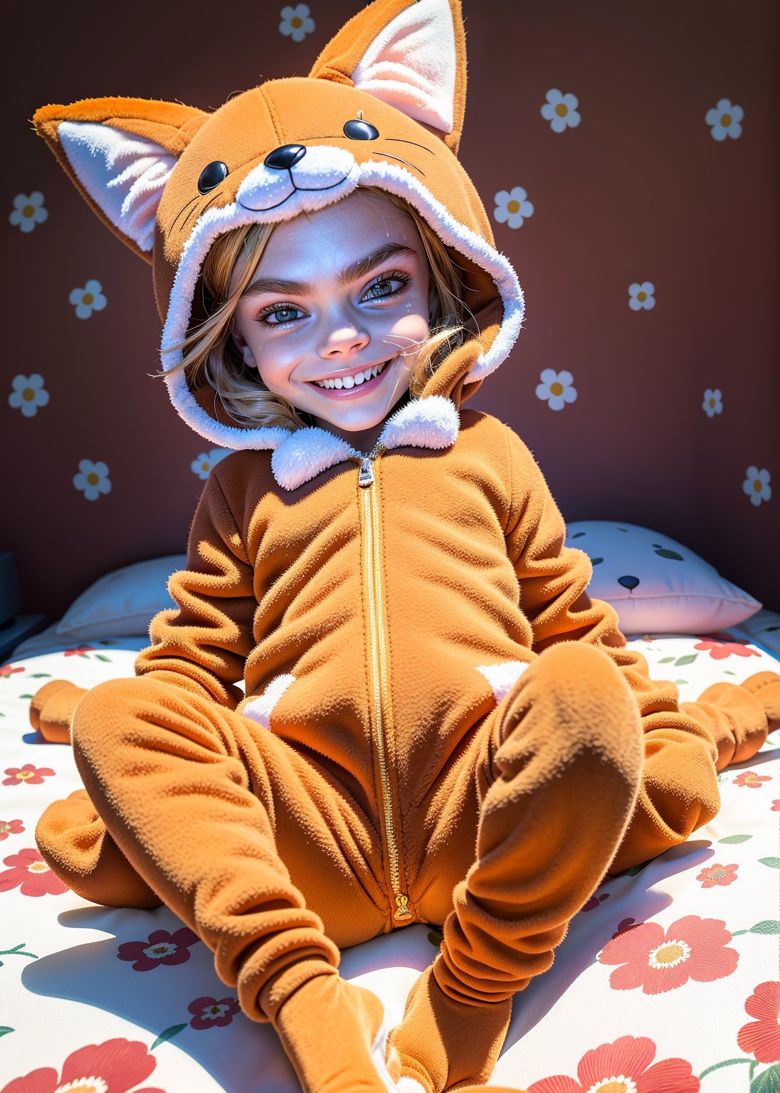 cara delevingne toddler, smiling happy, photography from below, (( suit fox costume plush)) indirect lighting, jumping on bed, ((room floral wallpaper background)), (full body),sks woman