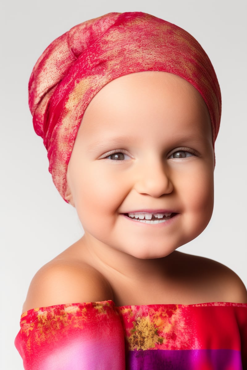 photorealistic, upper body, stand, 1girl 7 year-old, (smile, happy, grin, open mouth, beautiful gray eyes), thick eyebrows (Turbant:1.2), super detailed skin texture, looking at viewer, black hair, off shoulder floral dress bright and very colorful, silver blue, photo studio, dark simple blurred background, perfectly illumination,turbant