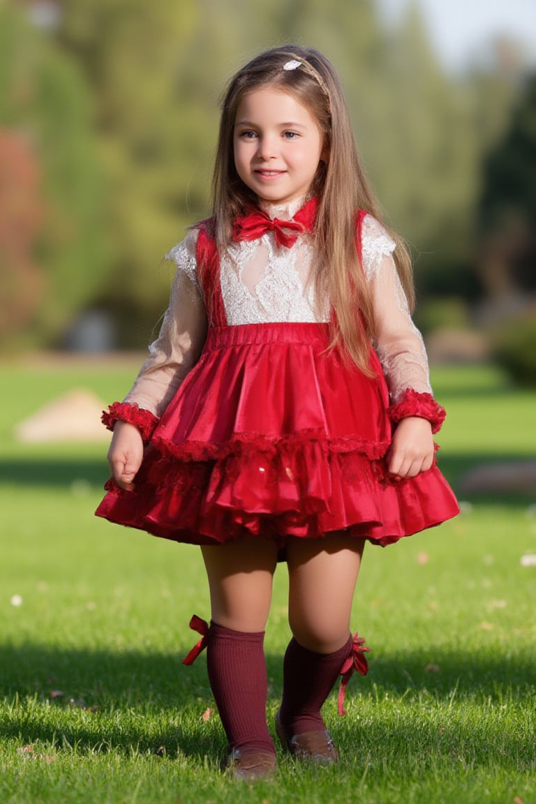 photorealistic, realistic, of photo a high quality of a 5 year-old child, happy smile, standing, front view, (((Wide angle, full body shot)))(looking at viewer:1.2),(lace overlay, jesusito dress red velvet fabric) crisp sharp eyes, (lace see-through long sleeve), Ruffle, fluffy, long sock over knee Ribbon bow and Lace Ruffle, (classic brown Flats Mary Janes)(very long hair:1.2), straight hair, (hairclip:1.2), pale skin, Giant Gunnera manicata with intense afternoon sunlight, high definition, 24mm lens, bold shadows, rich textures