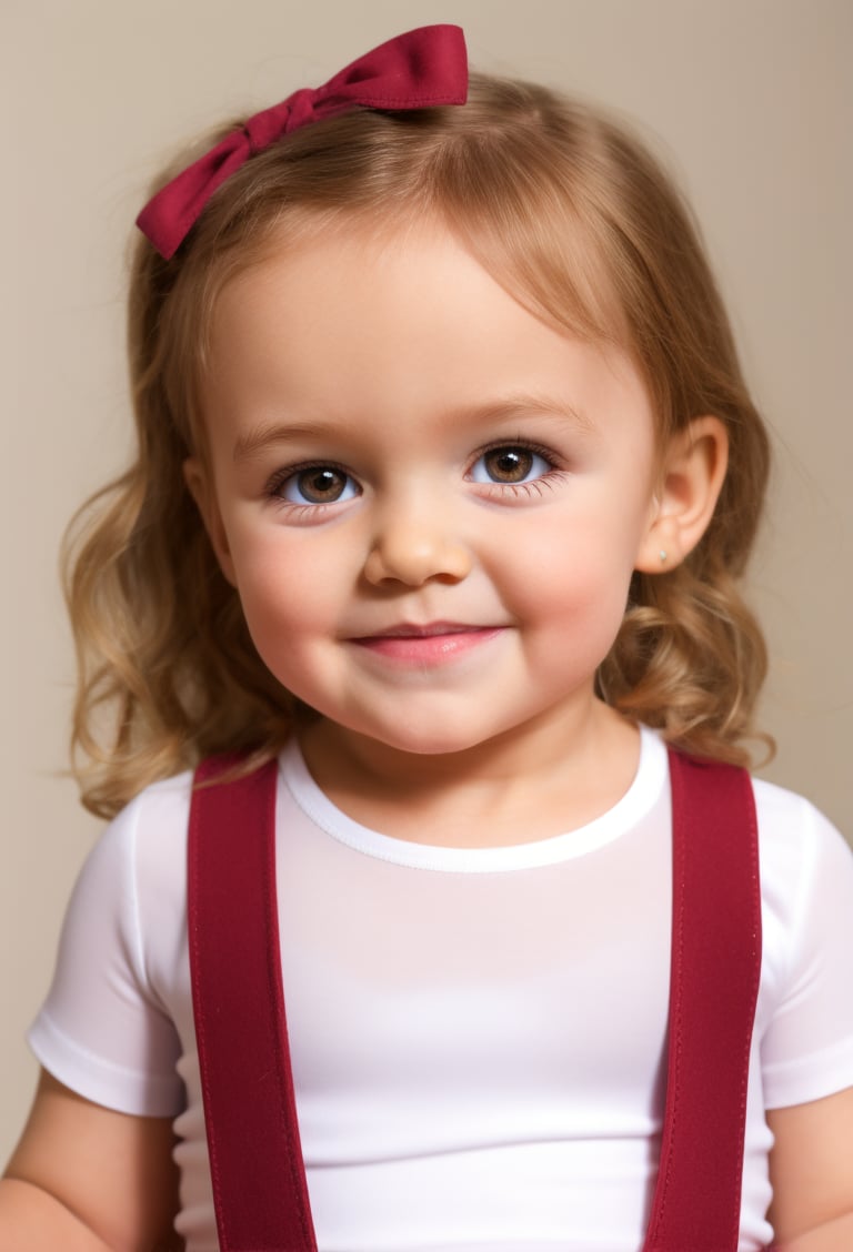 full body portrait of a toddler girl 5 year-old, perfect face, single background, white hair, Long messy Wavy Hair, hair bow,  realistic, skirt suspenders, best possible lighting, detailed face, thick and detailed hair, lips,MSWS,William Morris Art