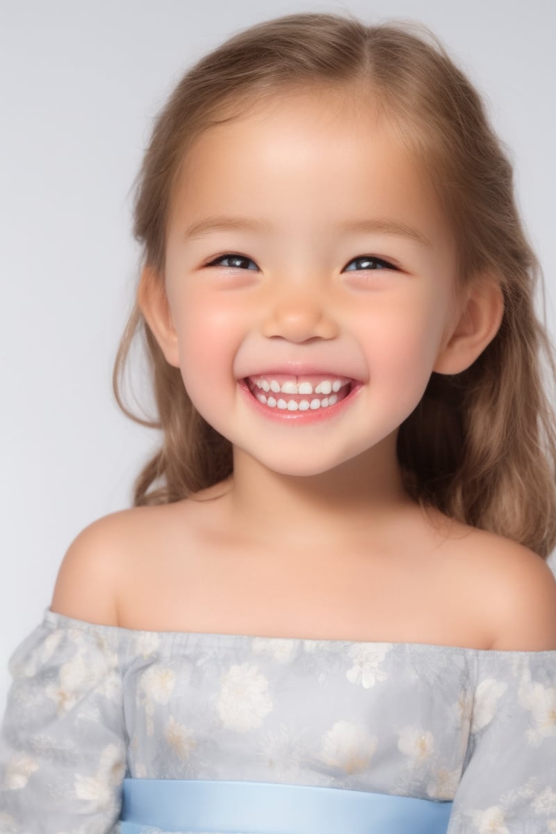 photorealistic, upper body, stand, 1girl 7 year-old, thick eyebrows, (smile, happy, grin, open mouth, beautiful gray eyes) (missing teeth:1.1), super detailed skin texture, looking at viewer, blond hair, long hair, off shoulder floral dress bright and very colorful, silver blue, photo studio, dark simple blurred background, perfectly illumination,