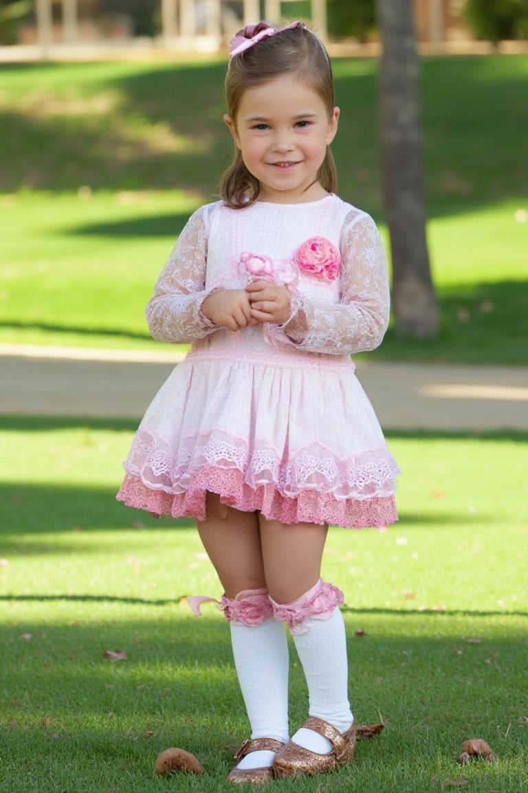 photorealistic, realistic, of photo a high quality of a 5 year-old child, happy smile, standing, front view, (((Wide angle, full body shot)))(looking at viewer:1.2),(lace overlay, jesusito dress brown) crisp sharp eyes, (lace see-through long sleeve), Ruffle, fluffy, long sock over knee Ribbon bow and Lace Ruffle, (classic brown Flats Mary Janes)(very long hair:1.2), straight hair, (hairclip:1.2), pale skin, Giant Gunnera manicata with intense afternoon sunlight, high definition, 24mm lens, bold shadows, rich textures