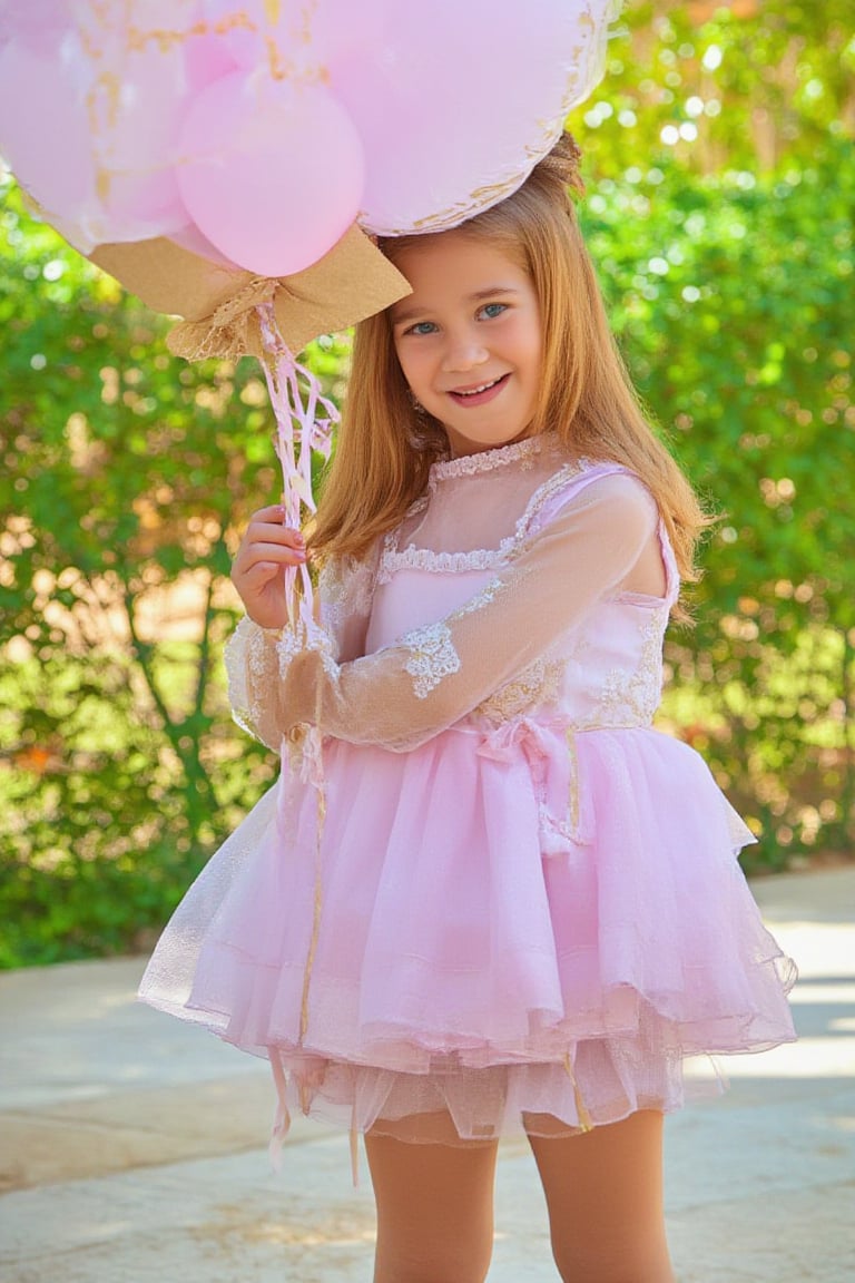 photorealistic, realistic, of photo a high quality of a 5 year-old child, happy smile, standing, front view, (((Wide angle, full body shot)))(looking at viewer:1.2),(lace overlay, jesusito dress brown) crisp sharp eyes, (lace see-through long sleeve), Ruffle, fluffy, long sock over knee Ribbon bow and Lace Ruffle, (classic brown Flats Mary Janes)(very long hair:1.2),  redhead straight hair, (hairclip:1.2), pale skin, Giant Gunnera manicata with intense afternoon sunlight, high definition, 24mm lens, bold shadows, rich textures She holds a pink balloon that says in elegant gold letters "JESUSITO DRESS