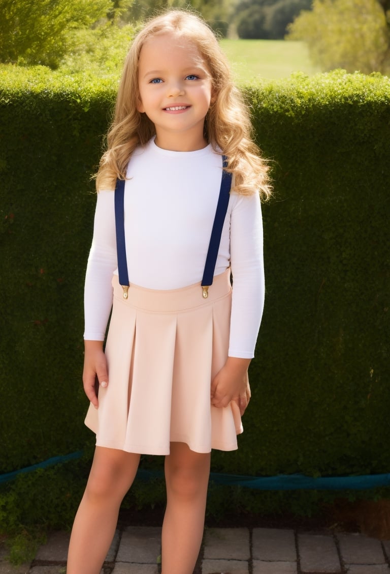 little girl, 7 year-old, full body, skirt suspender, suspender, tulle sleeves, white shirt, collar bib, lace, secret garden background, looking at viewer, white hair, Long messy Wavy Hair, hair bow, long sleeves, black shoes, realistic, sunny day, soft smile, MSWS,Long Natural Wavy Hair,MSWS,skirt suspenders,Wavy Hair