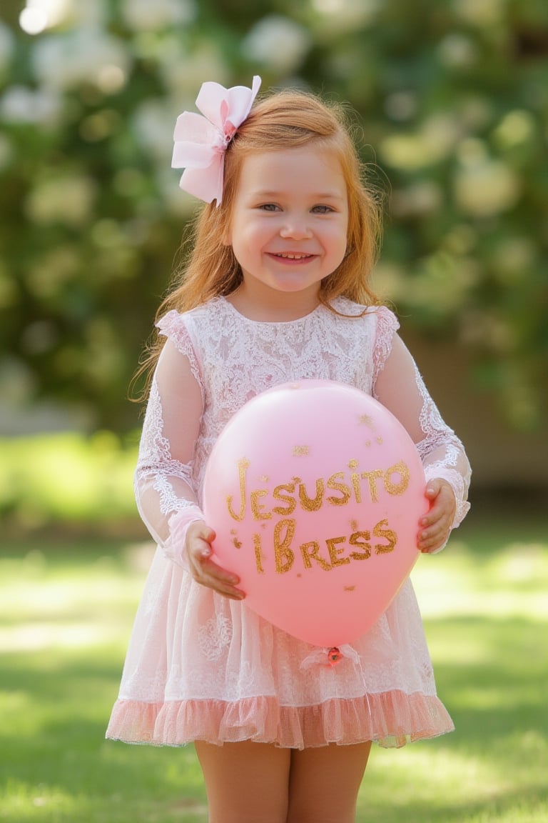 photorealistic, realistic, of photo a high quality of a 5 year-old child, happy smile, standing, front view, (((Wide angle, full body shot)))(looking at viewer:1.2),(lace overlay, jesusito dress brown) crisp sharp eyes, (lace see-through long sleeve), Ruffle, fluffy, long sock over knee Ribbon bow and Lace Ruffle, (classic brown Flats Mary Janes)(very long hair:1.2),  redhead straight hair, (hairclip:1.2), pale skin, Giant Gunnera manicata with intense afternoon sunlight, high definition, 24mm lens, bold shadows, rich textures She holds a pink balloon that says in elegant gold letters "JESUSITO DRESS