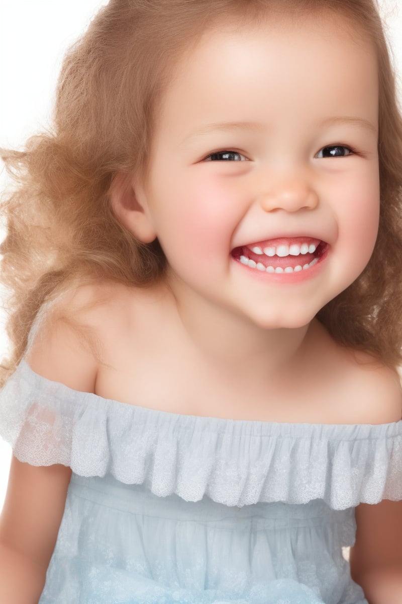 photorealistic, upper body, stand, 1girl 7 year-old, thick eyebrows, (smile, happy, grin, open mouth, beautiful gray eyes) (missing teeth:1.1), super detailed skin texture, looking at viewer, blond hair, long hair, off shoulder floral dress bright and very colorful, silver blue, photo studio, dark simple blurred background, perfectly illumination,