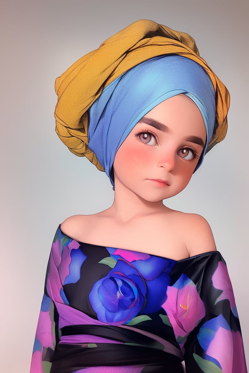 photorealistic, upper body, stand, 1girl 7 year-old, thick eyebrows (Turbant:1.2), super detailed skin texture, looking at viewer, black hair, off shoulder floral dress bright and very colorful, silver blue, photo studio, dark simple blurred background, perfectly illumination,turbant,Realistic