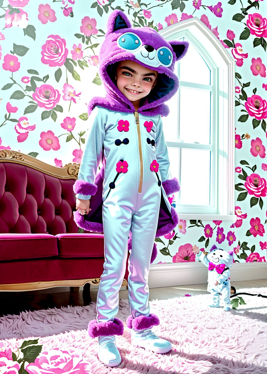 cara delevingne toddler, smiling happy, photography from below, (( suit cat costume plush)) indirect lighting, standing living room long pile white rug, ((room window floral wallpaper background)), (full body) hands like pose