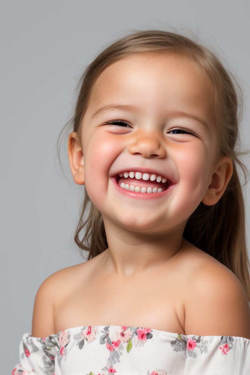 photorealistic, portrait face, stand, 1girl 7 year-old, thick eyebrows, (smile, happy, grin, open mouth, beautiful gray eyes) (missing teeth:1), super detailed skin texture, looking at viewer, blond hair, long hair, off shoulder floral dress bright and very colorful, silver blue, photo studio, dark simple blurred background, perfectly illumination,