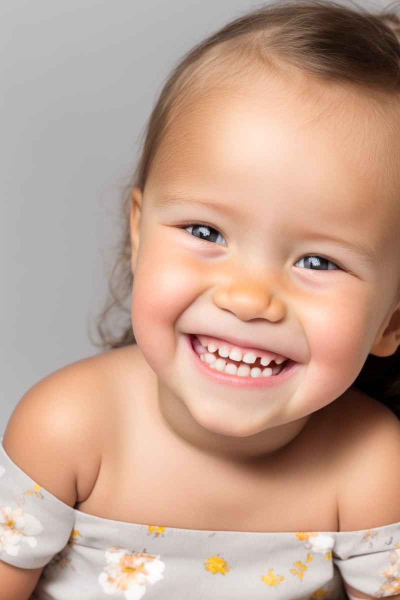 photorealistic, upper body, stand, 1girl 7 year-old, thick eyebrows, (smile, happy, grin, open mouth, beautiful gray eyes) (missing teeth:1.1), super detailed skin texture, looking at viewer, blond hair, long hair, off shoulder floral dress bright and very colorful, silver blue, photo studio, dark simple blurred background, perfectly illumination,