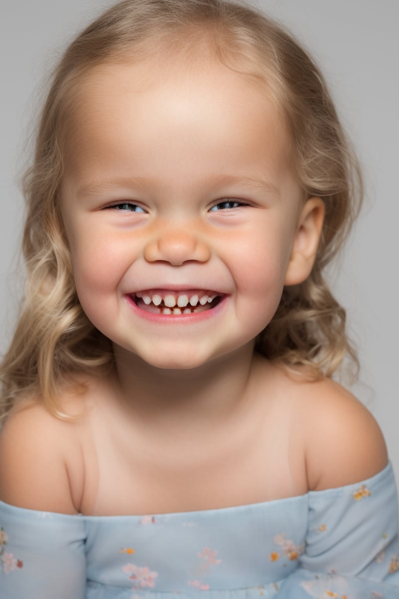 photorealistic, portrait face, stand, 1girl 7 year-old, thick eyebrows, (smile, happy, grin, open mouth, beautiful gray eyes) (missing teeth:1.1), super detailed skin texture, looking at viewer, blond hair, long hair, off shoulder floral dress bright and very colorful, silver blue, photo studio, dark simple blurred background, perfectly illumination,