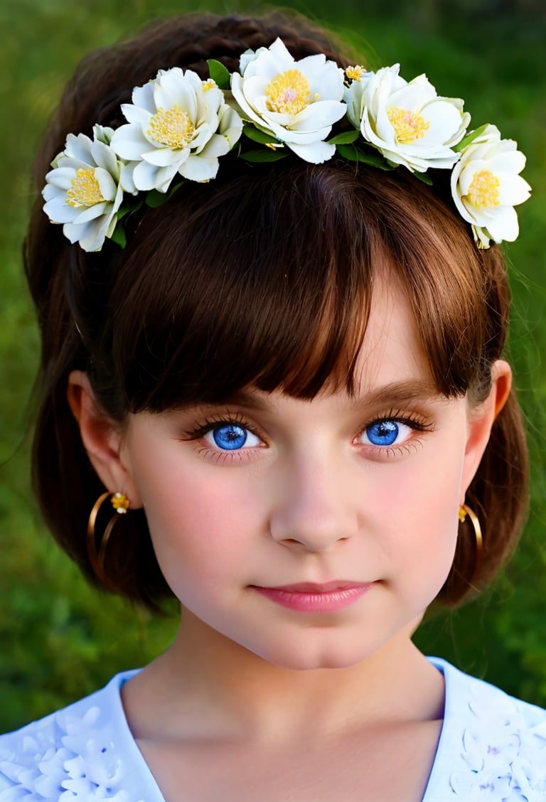 upper body, little girl, best quality, view from below, portrait of beautiful (AIDA_LoRA_KtM:1.03) parted lips, hyper realistic, Real Flowers Crown, realistic eyes, blue eyes, perfect eyes, super detailed skin texture, looking at viewer,real flowers crown, white flowers,kkw-ph1,AIDA_LoRA_KtM,REALISTIC,rfc