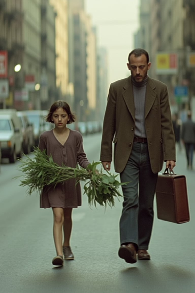 A 12-year-old girl and a 40-year-old man, walking in the middle of the street, carrying a plant in their arms, the man is carrying a leather briefcase, blurred background, 80s cinematic lighting,Mthlda,leonthepro