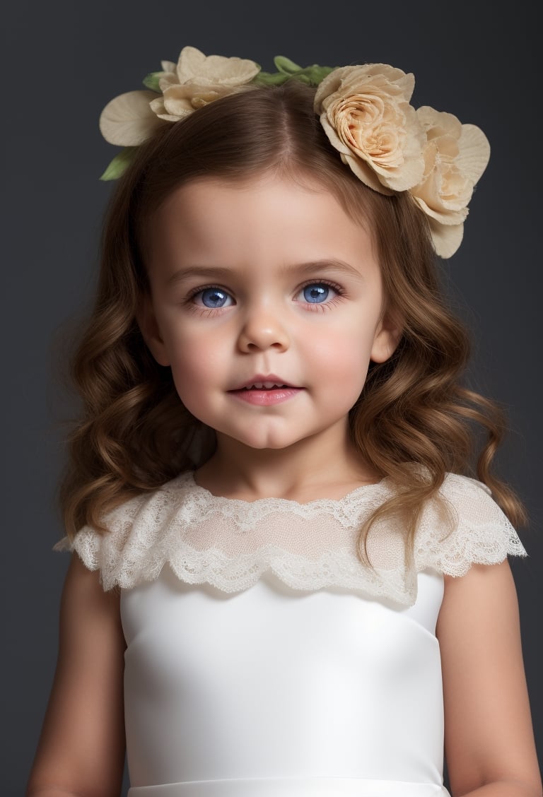 photorealistic, upper body, stand, little girl 5 year-old, realistic eyes, perfect eyes, communion dress, super detailed skin texture,  looking at viewer, blond messy Wavy long Hair, hair ornament,  floral headpiece, real flowers, big flowers, tulle ruffle collar, lace border, tulle cuffs, bows, photo studio, dark simple blurred background, perfectly illumination, still raw,Long Natural Wavy Hair,rfc