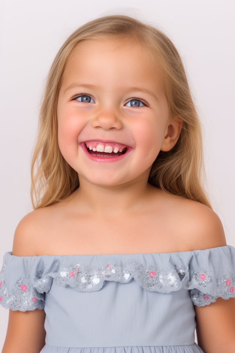 photorealistic, portrait, upper body, stand, 1girl 7 year-old, thick eyebrows, (smile, happy, grin, open mouth, beautiful gray eyes) super detailed skin texture, looking at viewer, blond hair, long hair, off shoulder floral dress bright and very colorful, silver blue, photo studio, dark simple blurred background, perfectly illumination,