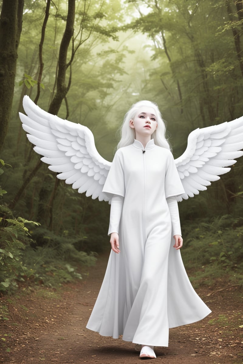 score_9, score_8_up,full body photography In the middle of the forest an albino girl with angel wings walked ((albino, white eyebrows, white eyelashes))((long white hair))  white skin, detailed skin texture, ALG,