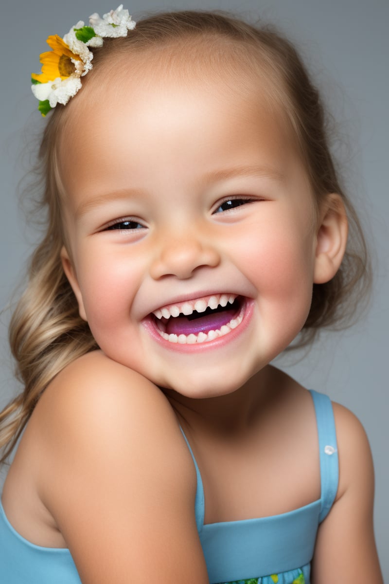 photorealistic, portrait face, stand, 1girl 7 year-old, thick eyebrows, (smile, happy, grin, open mouth, beautiful gray eyes) (missing teeth:1.1), super detailed skin texture, looking at viewer, blond hair, long hair, off shoulder floral dress bright and very colorful, silver blue, photo studio, dark simple blurred background, perfectly illumination,