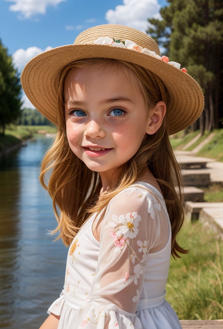 upper body portrait of a 19th century little girl, angelic face, freckles, mole, thick eyebrows, very long blonde hair, bun, blue eyes, criss-cross hairstyle, wearing a white floral dress and a hat canotier, on the coast of a river, sky clouds, trees nature, Canotier, (looking back, lookking at viewer),realistic