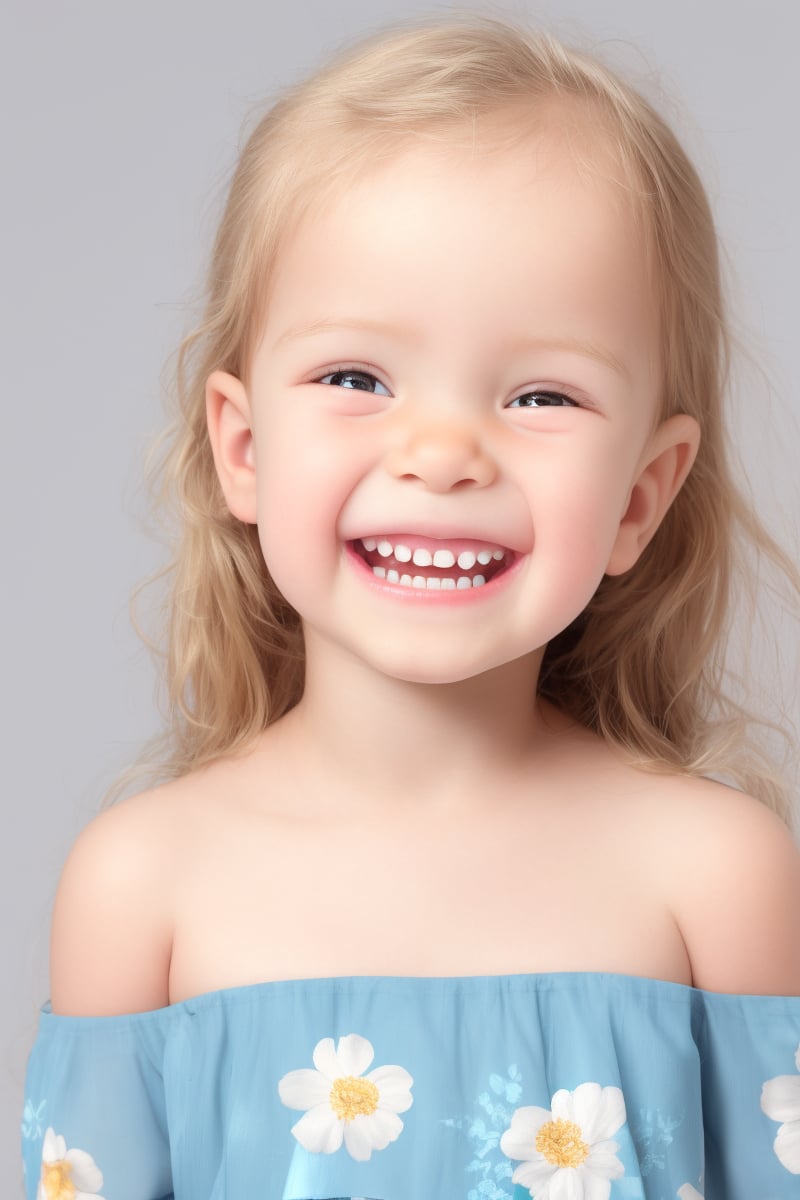 photorealistic, upper body, stand, 1girl 7 year-old, thick eyebrows, (smile, happy, grin, open mouth, beautiful gray eyes) (missing teeth:1.1), super detailed skin texture, looking at viewer, blond hair, long hair, off shoulder floral dress bright and very colorful, silver blue, photo studio, dark simple blurred background, perfectly illumination,