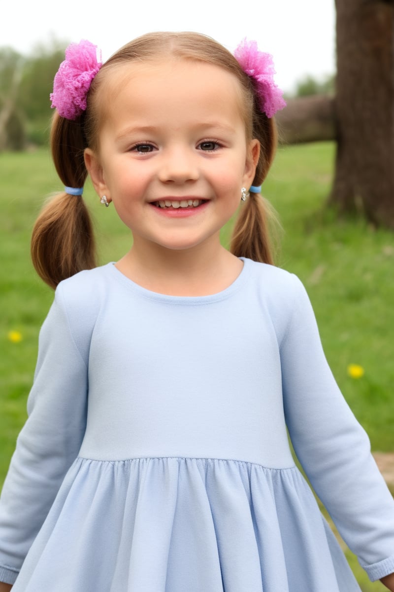 1girl, kid, solo, looking at viewer, smile, ((ltt, long messy hair, low twin ponytails)), long sleeves, dress, jewelry, earrings, blurry, depth of field, blurry background, animal, one side up, child, rabbit, female child,LTT,low twin tails