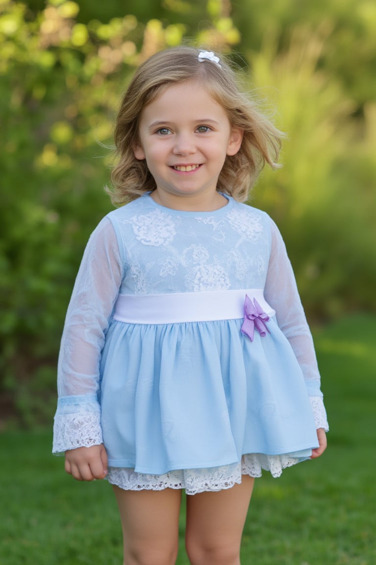 photorealistic, realistic, of photo a high quality of a 5 year-old child, happy smile, standing, front view, (((Wide angle, full body shot)))(looking at viewer:1.2),(lace overlay, jesusito dress sky blue cotton fabric) crisp sharp eyes, (lace see-through long sleeve), Ruffle, fluffy, long sock over knee Ribbon bow and Lace Ruffle, (classic brown Flats Mary Janes)(very long hair:1.2), curly messy hair, (hairclip:1.2), pale skin, Giant Gunnera manicata with intense afternoon sunlight, high definition, 24mm lens, bold shadows, rich textures