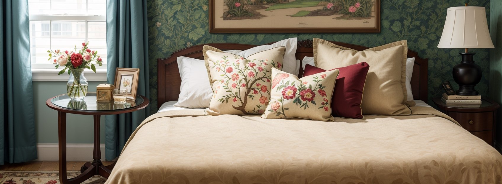style by william morris art, classic livingroom, (high quality, very_high_resolution), floral pattern, vintage, floral pattern, vintage bed, chair, walls, carpets, door, window, nightstand, lamp, alarm clock, teddy, pillow, sheets, bedspread, glass of water, William Morris Art,William Morris Art,texture wm